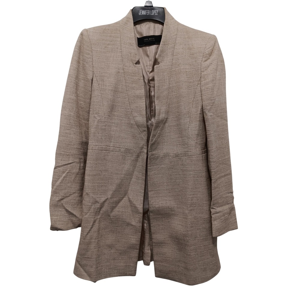 Zara Basic Women Tan Textured Longline Open Front Blazer Jacket Size M